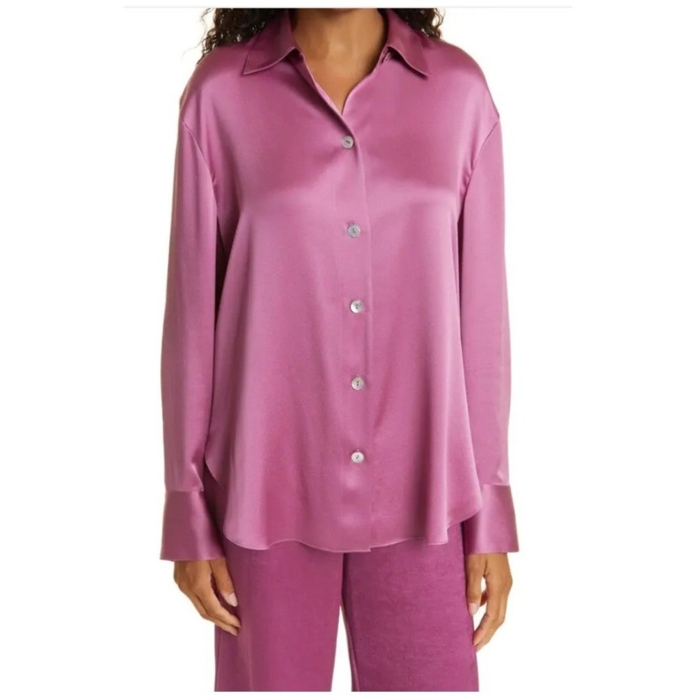 Vince Womens Pink 100% Silk Button Down Blouse Long Sleeve Shirt Size Large